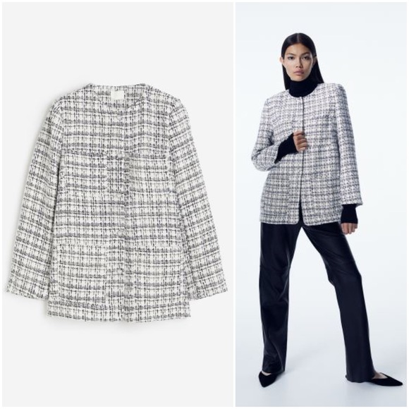 H&M Jackets & Blazers - White/Black Plaid Boucle Jacket Size S